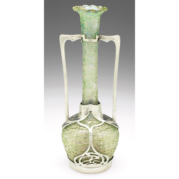 Appraisal: Loetz Chine vase glass with a polished pewter mount Austrian