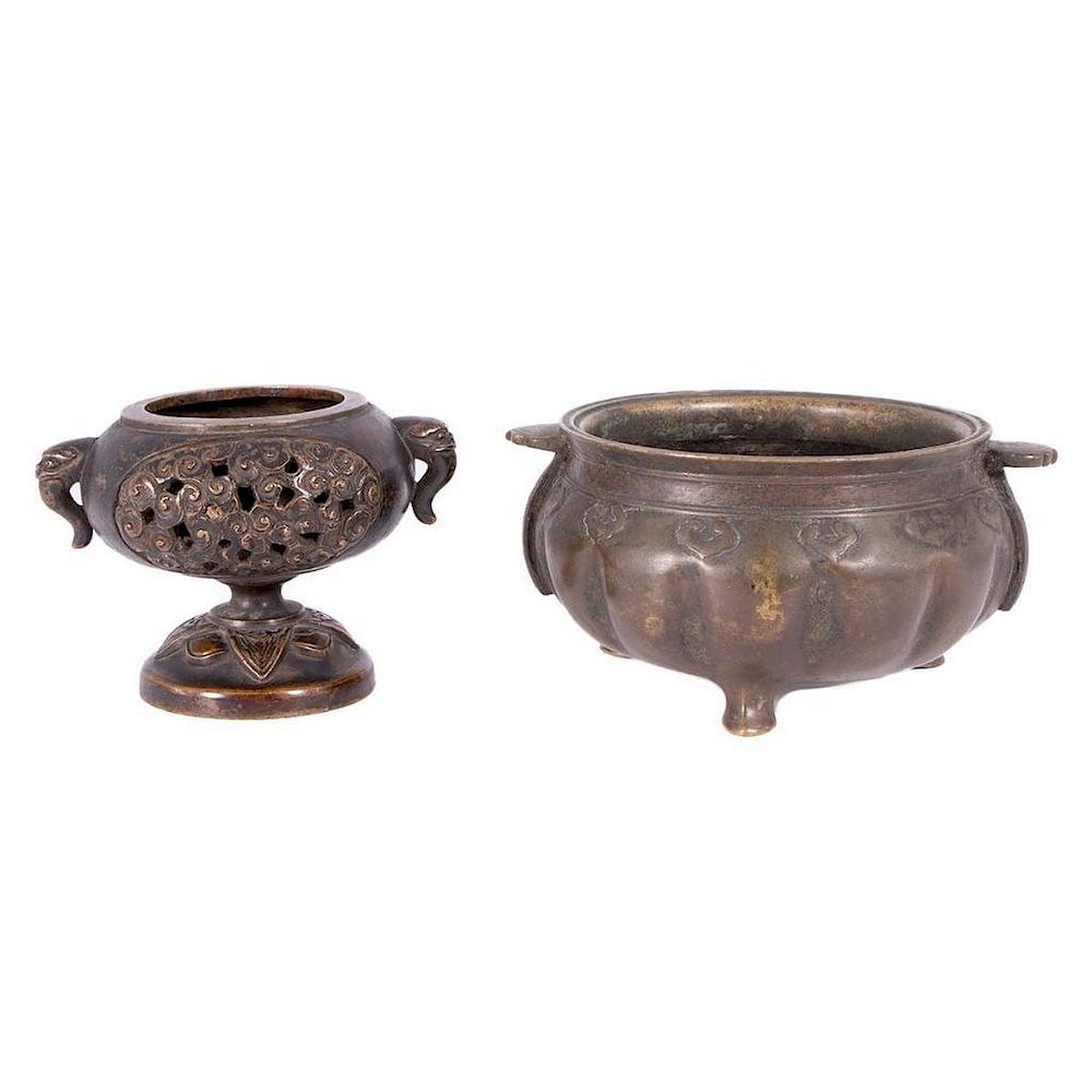 Appraisal: Two Bronze Incense Burners Chinese Squat Bronze incense burner on