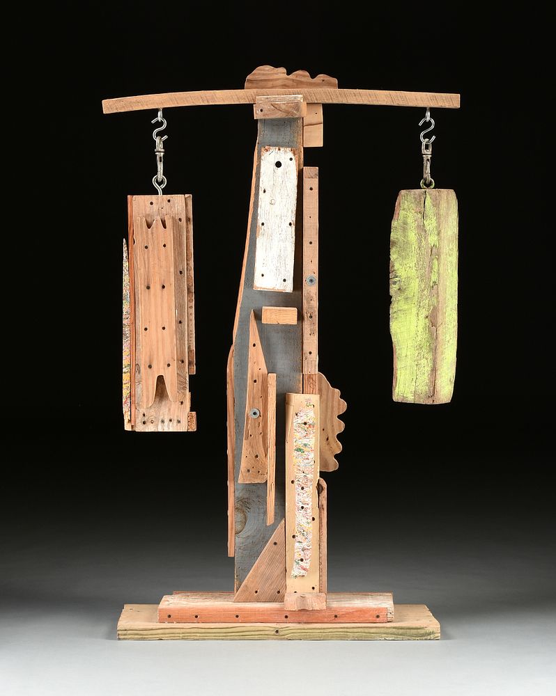 Appraisal: JAMES BETTISON American Texas b AN ASSEMBLAGE SCULPTURE Weighing the