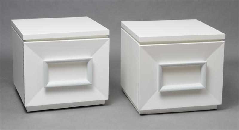 Appraisal: PAIR OF SINGLE DOOR WHITE LACQUER LOW CABINETS IN THE