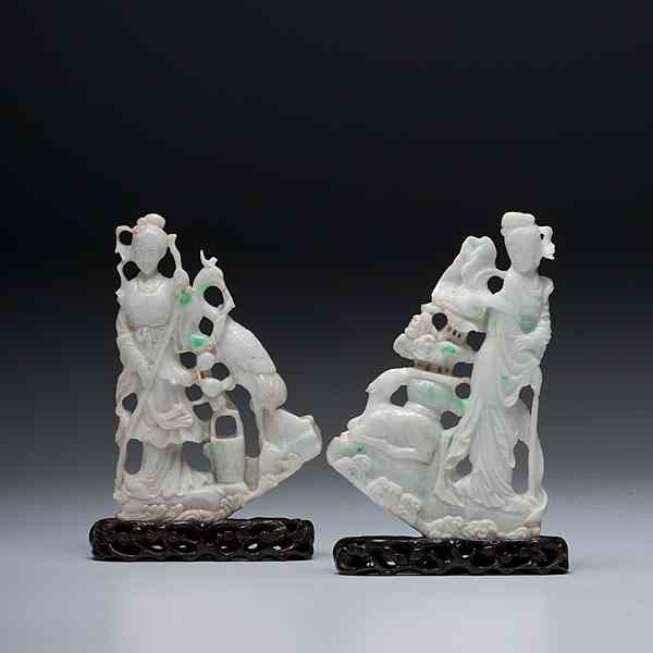 Appraisal: Large Apple Green and Lavender Jadeite Figures Chinese th century