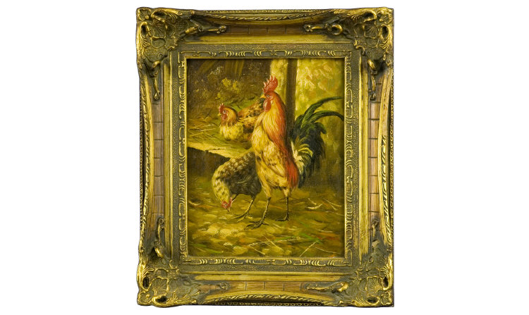 Appraisal: Oil on Canvas animal painting 'chickens' signed inches by inches