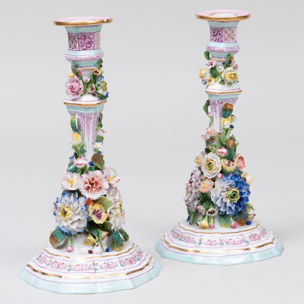 Appraisal: Pair of Continental Porcelain Flower Encrusted Candlesticks in high Property