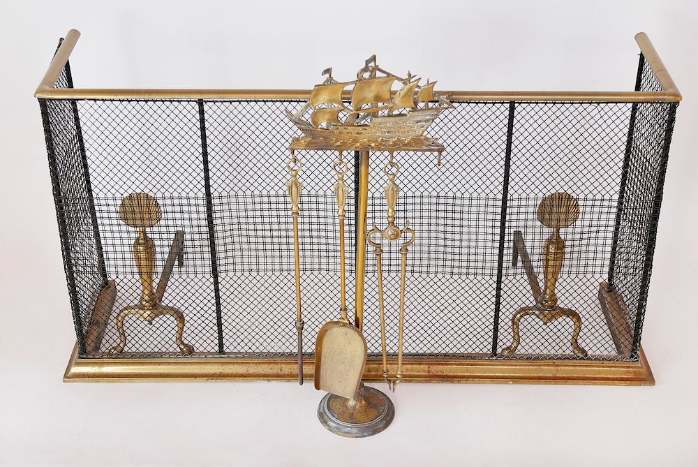 Appraisal: Brass Clipper Ship and Scallop Shell Fireplace Set Exclusive on