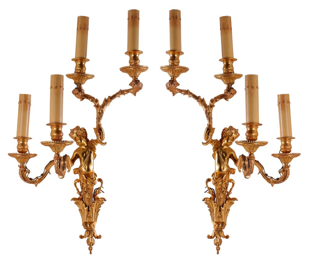 Appraisal: PAIR OF GILT METAL FOUR-LIGHT FIGURAL SCONCEScontemporary electrified inches wide