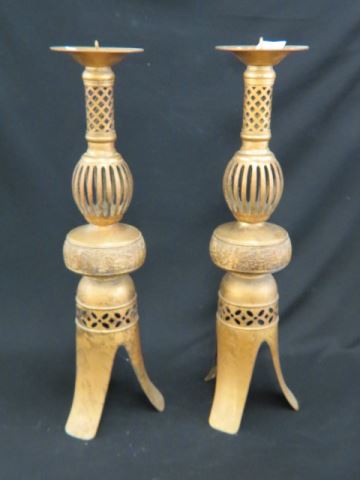 Appraisal: Pair of Oriental Candlesticks gilt metalwoork pierced designs tri-footed tall