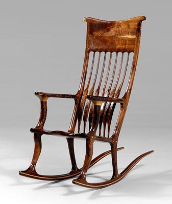 Appraisal: Hand-crafted figured walnut rocking chair large scale finely constructed figured