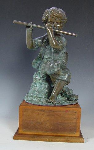 Appraisal: BRONZE CHILD FLUTE PLAYER SCULPTURE No visible signature '' h