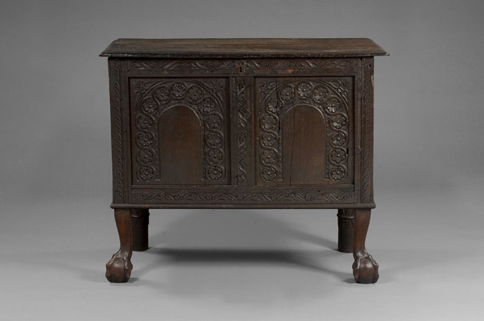 Appraisal: CARVED JACOBEAN OAK COFFER The rectangular hinged lid above the