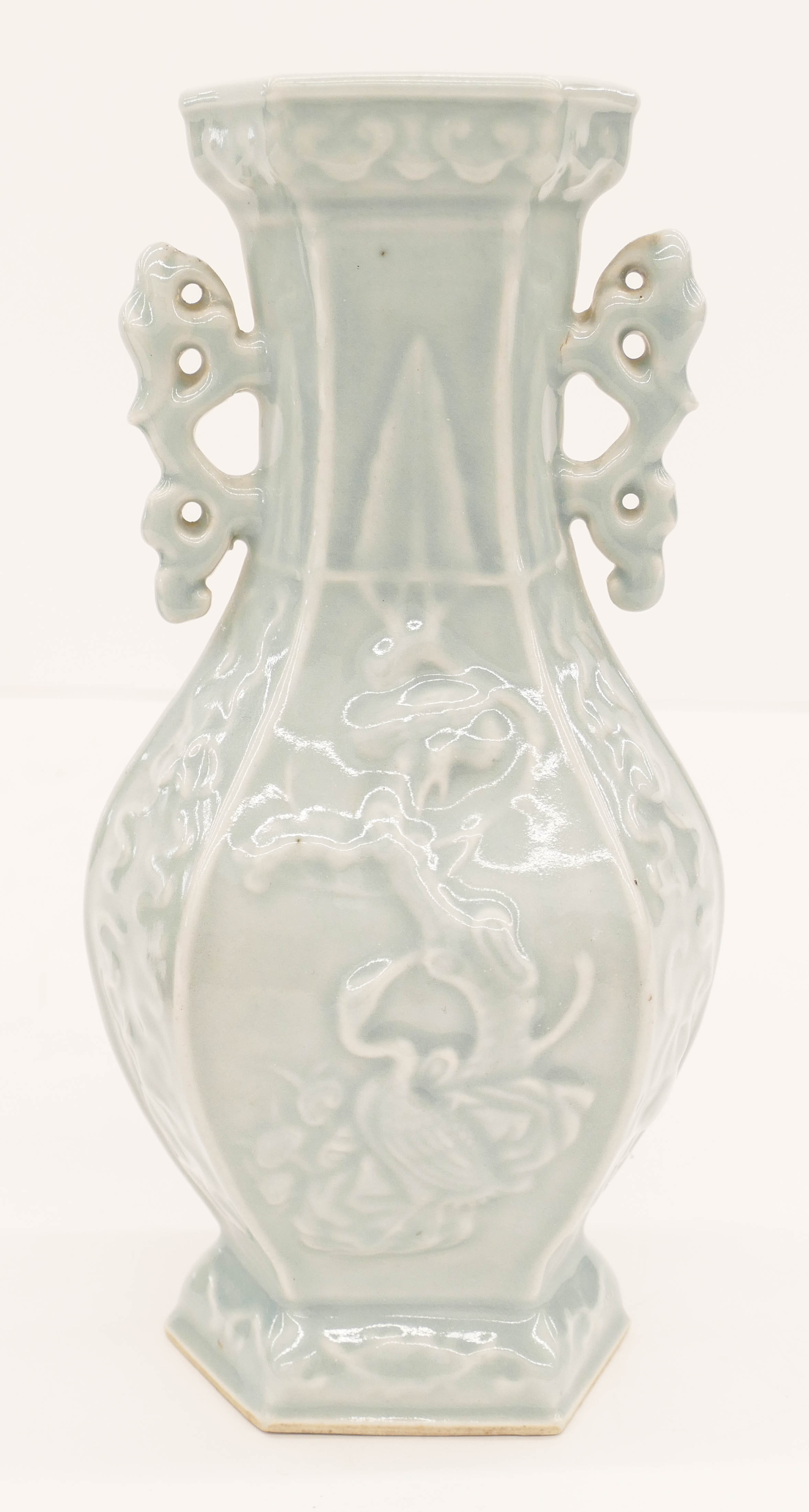 Appraisal: Chinese Qing Clair de Lune Molded Handled Vase ''x ''