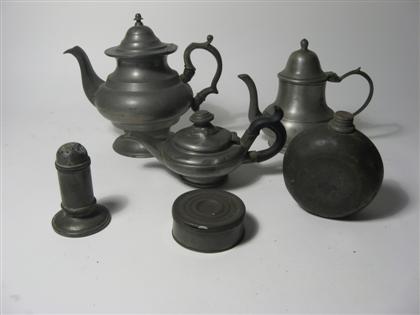 Appraisal: Five assorted pewter items th century Comprising an unmarked canteen