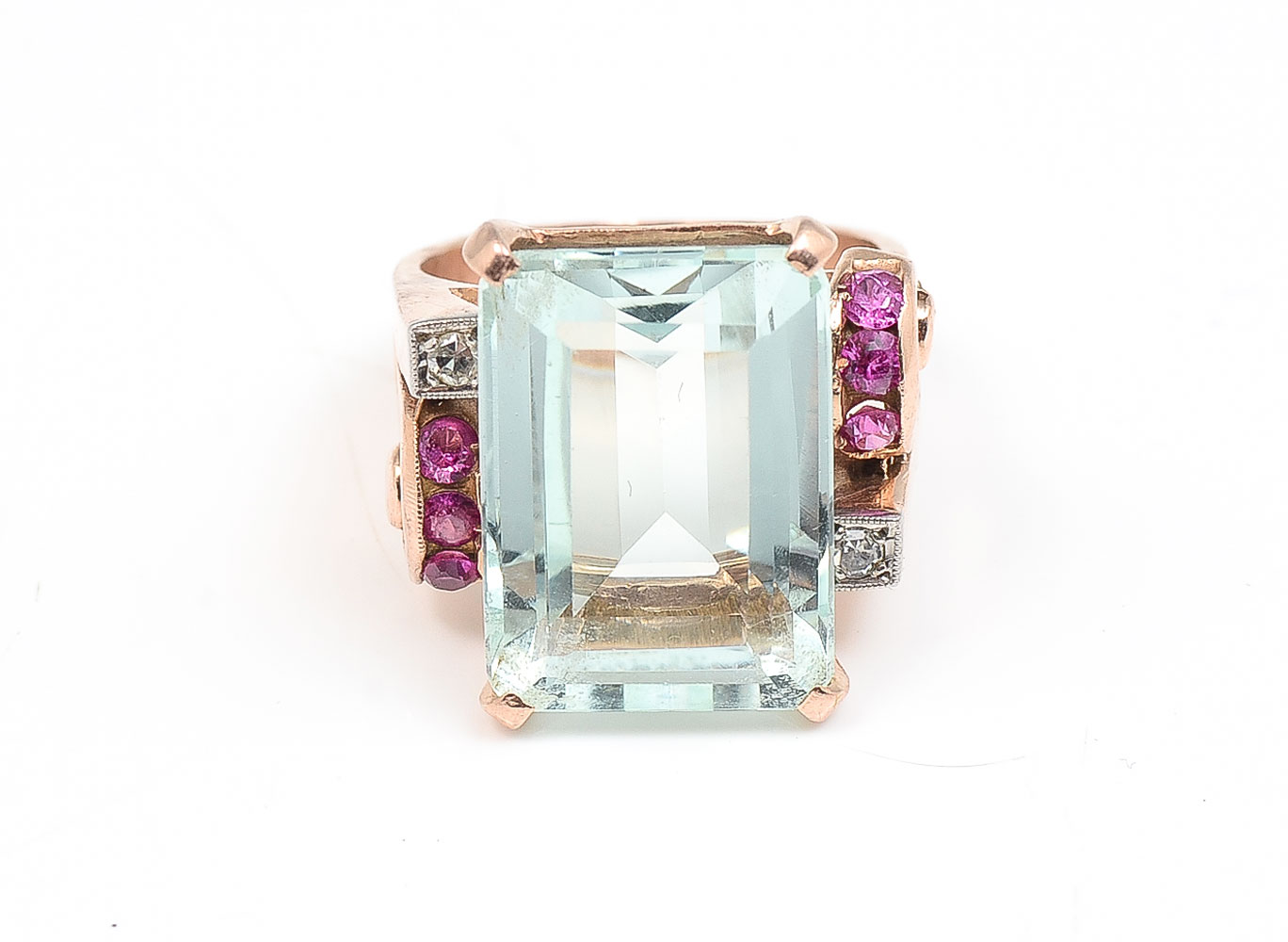 Appraisal: K CTW AQUAMARINE RUBY DIAMOND RING K rose gold ring