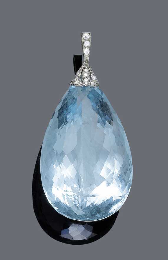 Appraisal: AQUAMARINE AND DIAMOND PENDANT ca Platinum Elegant decorative pendant of