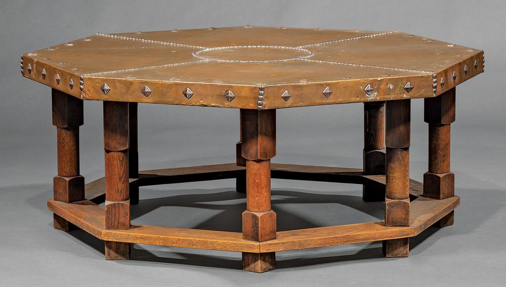 Appraisal: Decorative Copper-Mounted Oak Coffee Table octagonal top metal nailhead trim