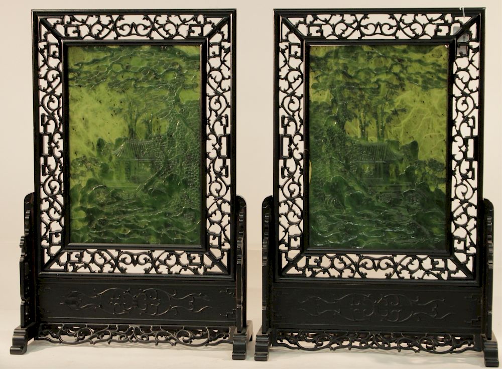 Appraisal: Spinach Jade Table Screens Open word hard wood frames Jade