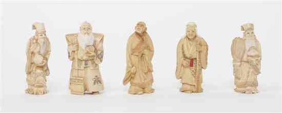 Appraisal: A Set of Five Japanese Carved Ivory Figures comprising three