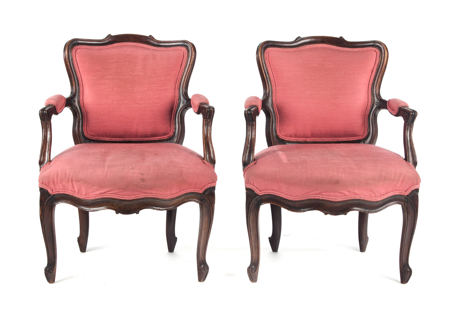 Appraisal: Pair of Louis XV style walnut armchairs