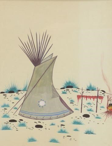 Appraisal: Framed tempera painting on board Tipi and Campfire signed lower