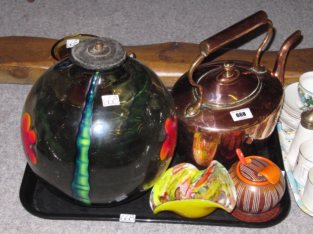 Appraisal: Tray lot of assorted items to include Artglass copper kettle