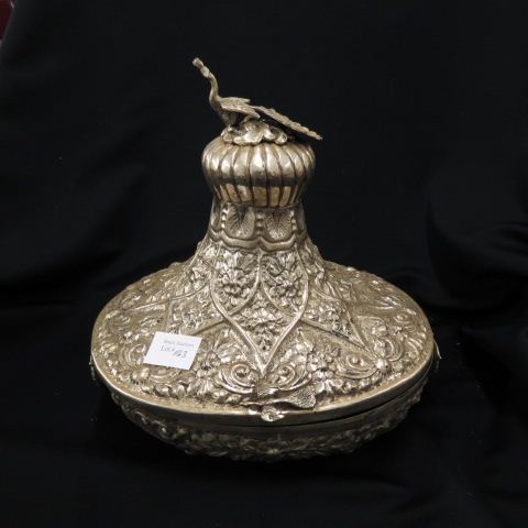 Appraisal: Persian Handmade Covered Server handled peacock finial elaborate floral designs