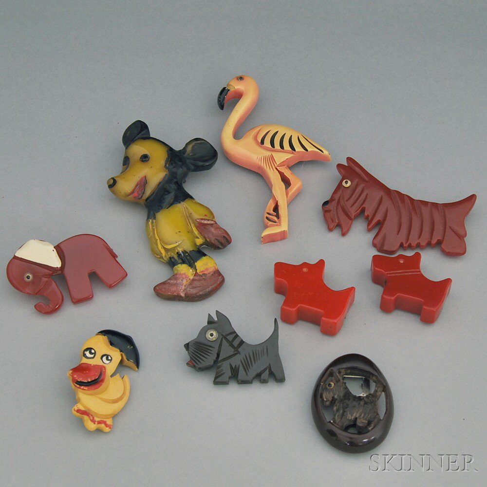 Appraisal: Nine Bakelite and Plastic Animals Mostly Brooches five Scottie dogs