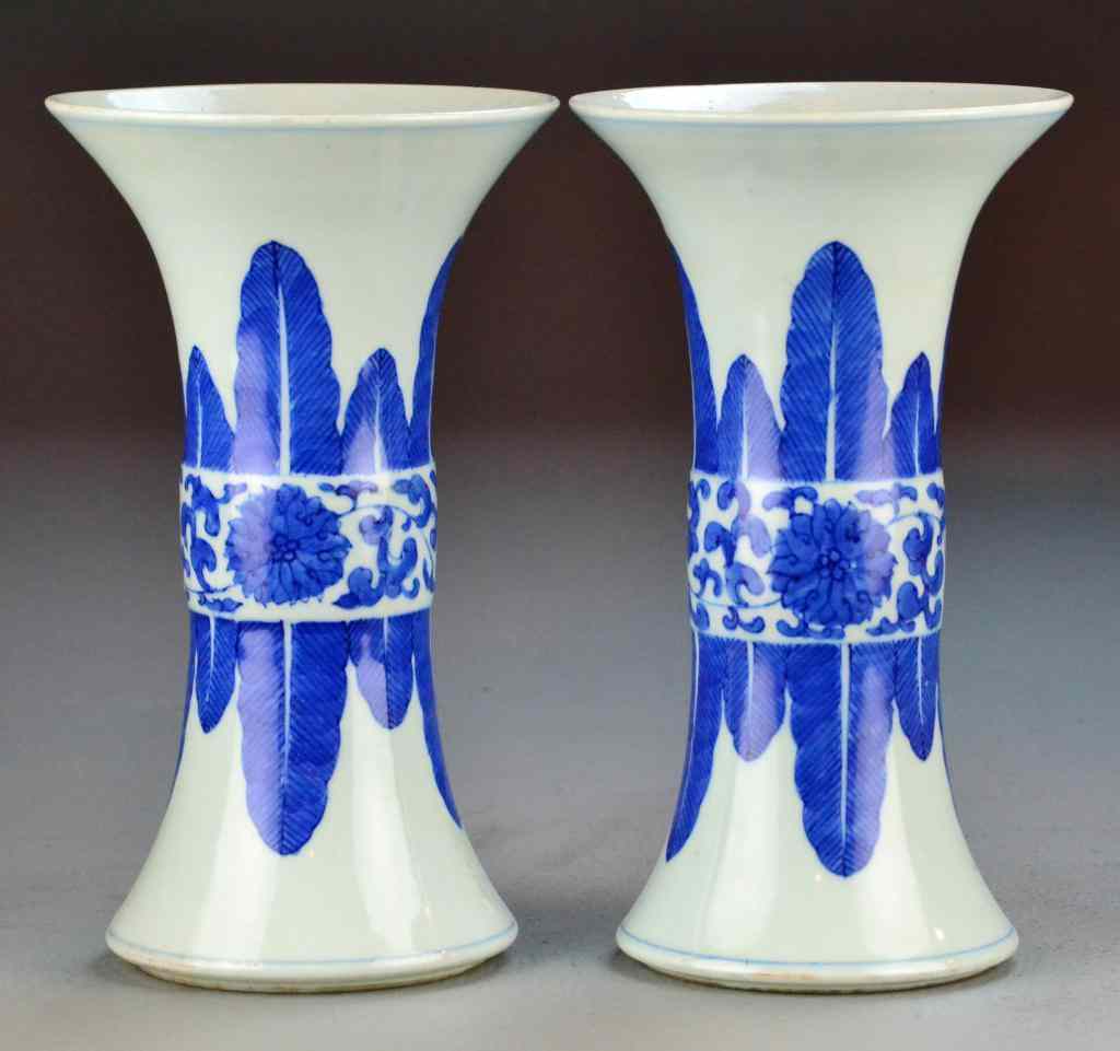 Appraisal: Pr Of Chinese Blue White Porcelain VasesEach of Gu form