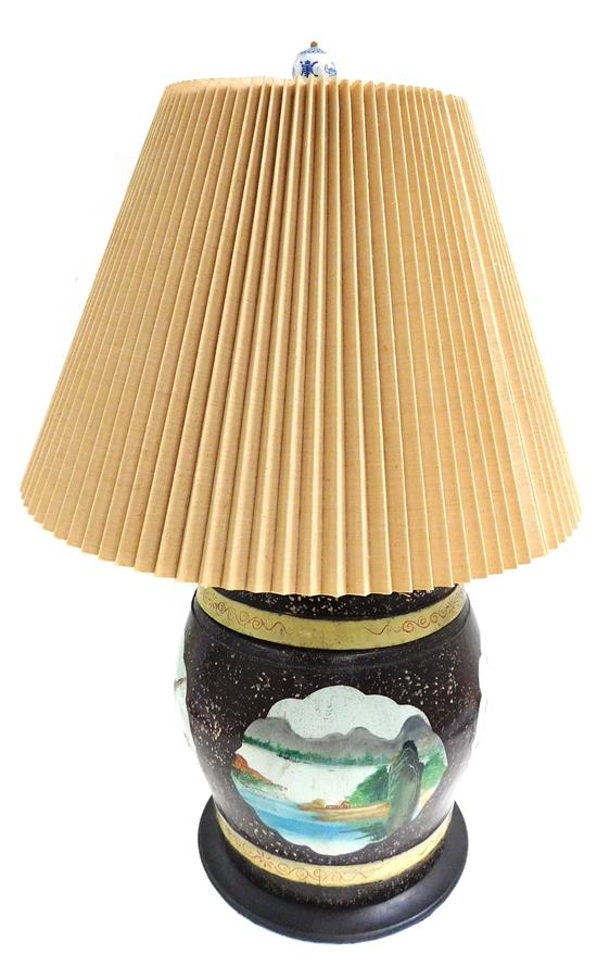 Appraisal: ASIAN Chinese rice barrel converted into electrified table lamp exterior