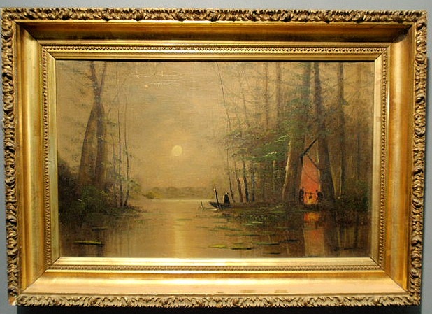 Appraisal: Oil on canvas painting late th c of a moonlit