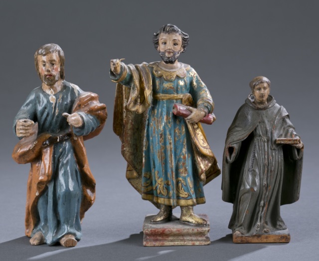 Appraisal: Three Polychrome Santos Figures Carved wood figures including Joseph Christ