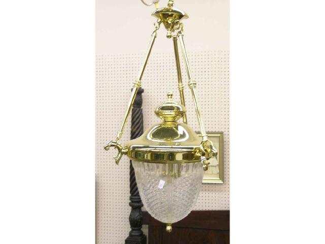 Appraisal: Brass and crystal hanging entry light fixture with a two-bulb