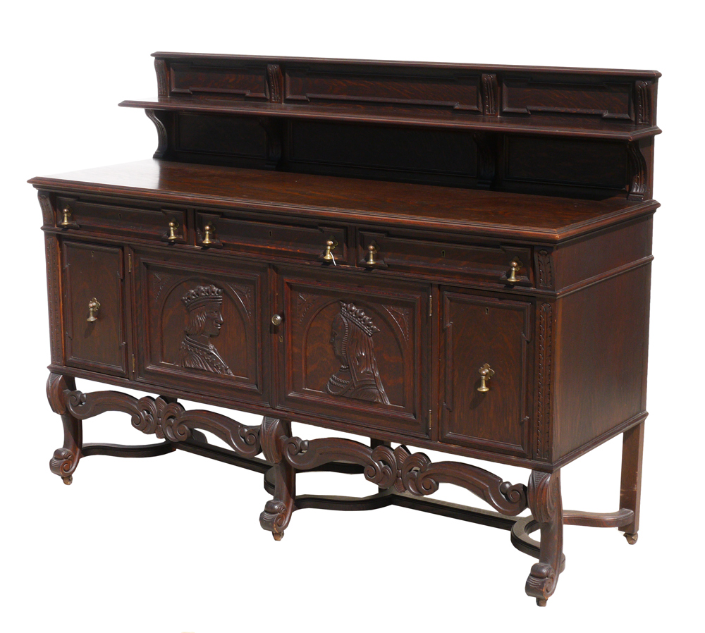 Appraisal: JACOBEAN INFLUENCED ANTIQUE CARVED OAK SIDEBOARD Ca - Beveled top