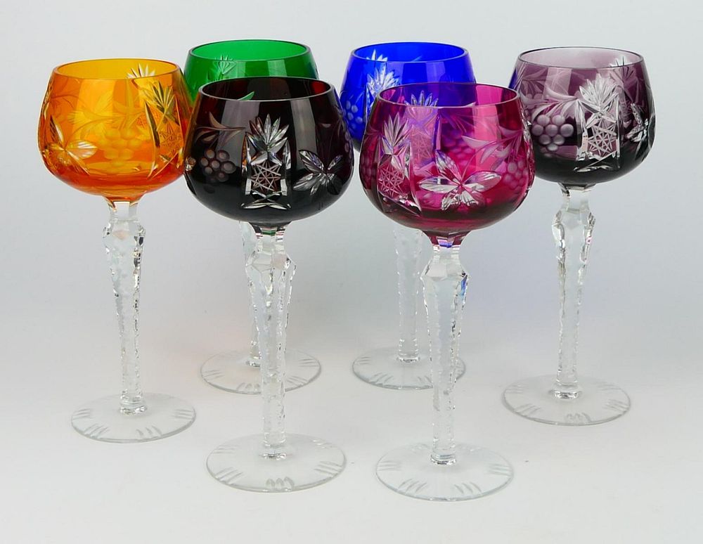 Appraisal: SET OF BOHEMIAN CUT TO CLEAR WINE GLASSES Different colors