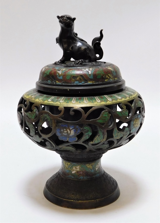 Appraisal: JAPANESE BRONZE CLOISONNE FOO DOG CENSER Japan Meiji PeriodShapely reticulated