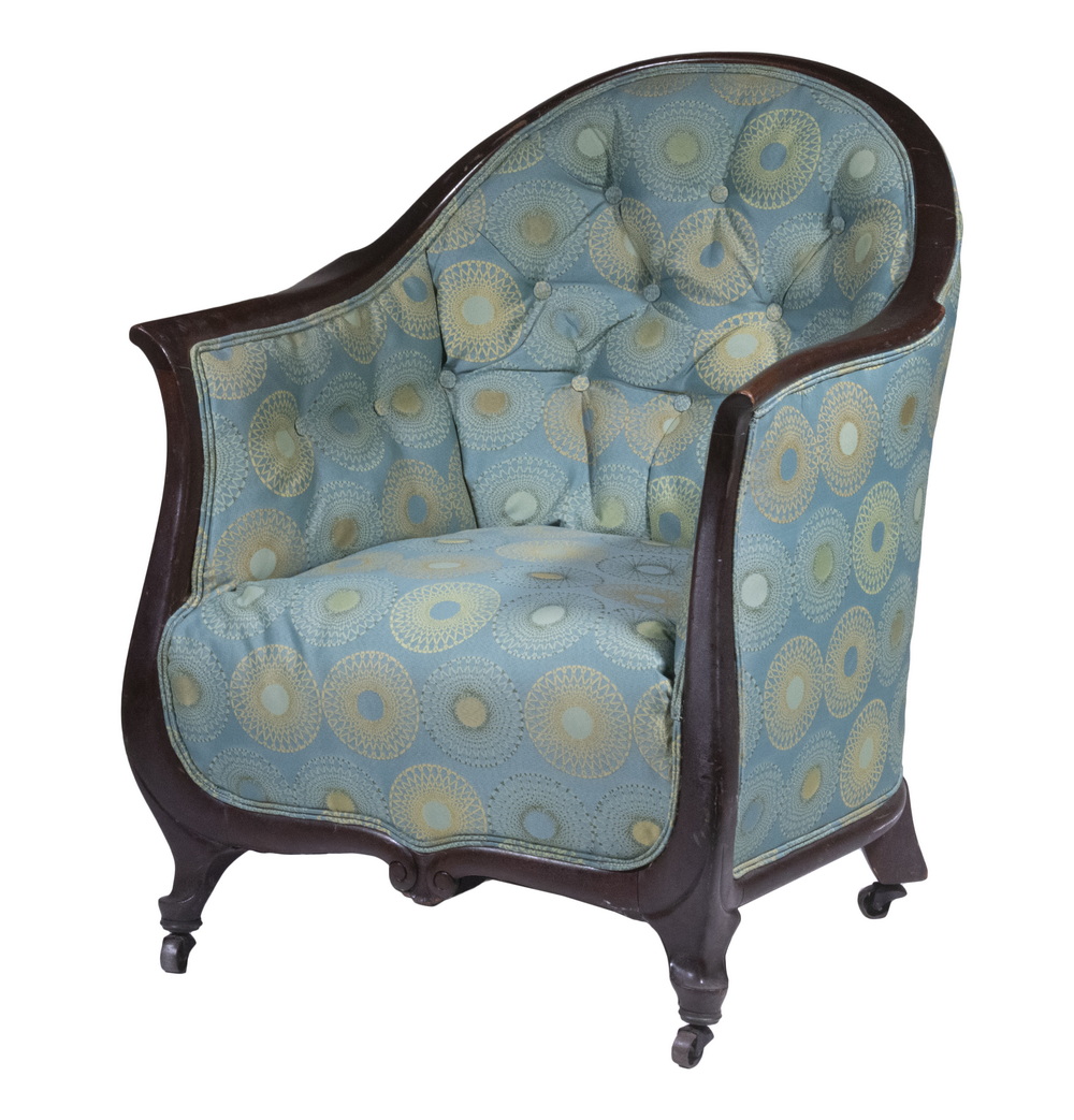 Appraisal: UPHOLSTERED CLUB CHAIR Vintage Custom Barrel Form Club Chair with