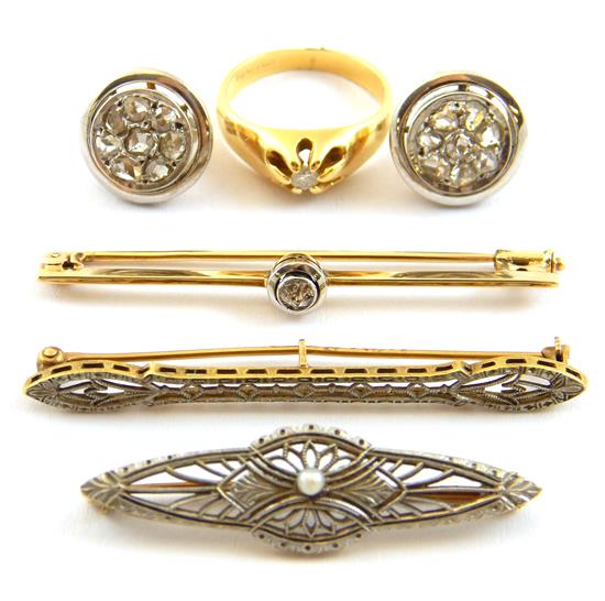 Appraisal: JEWELRY five pieces including earrings rings and pins pair of