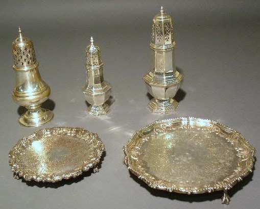 Appraisal: Three silverplate casters tallest h and two card trays diam