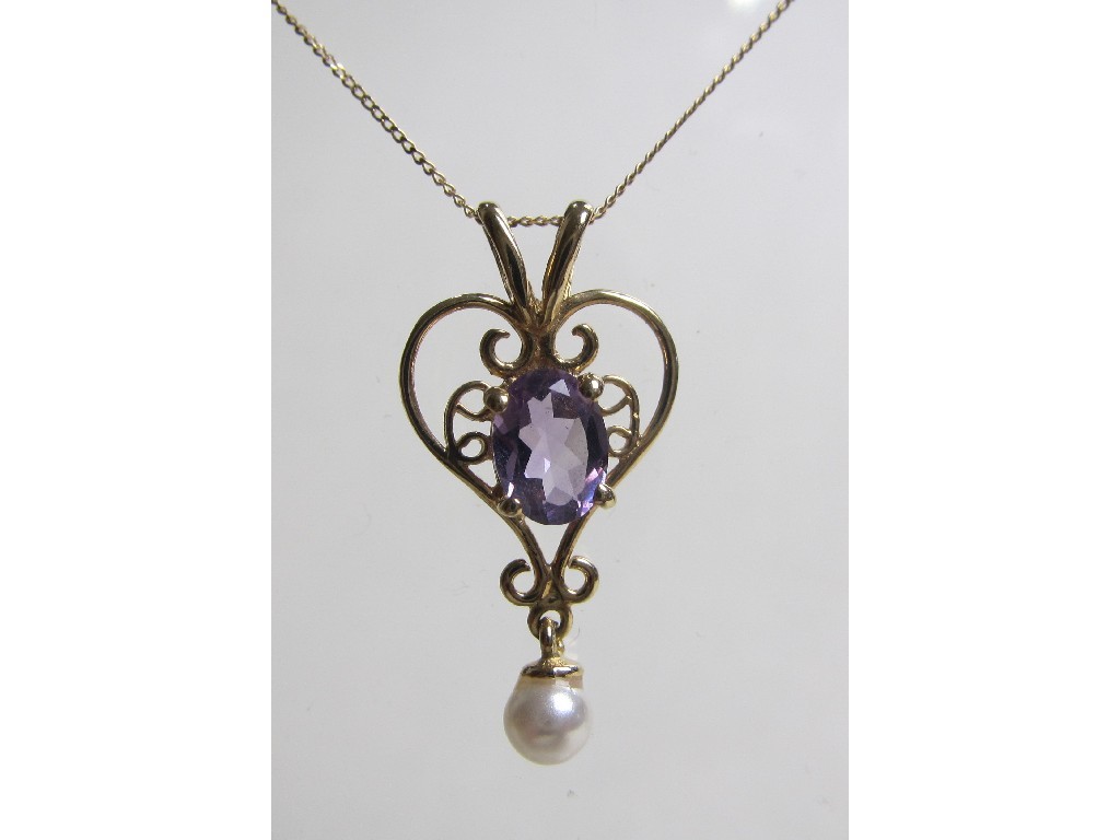 Appraisal: Nine carat gold amethyst and pearl set pendant on ct