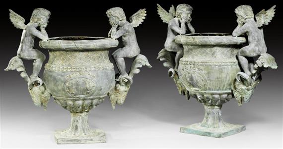 Appraisal: PAIR OF JARDINIERES AUX ANGELOTS Louis XVI style Paris Green