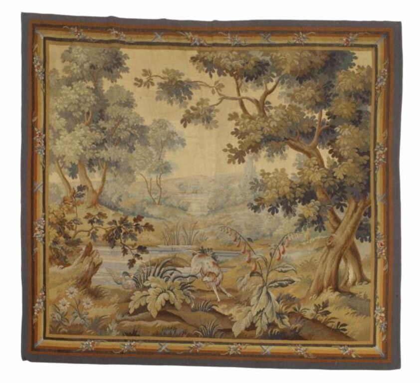 Appraisal: FRENCH TAPESTRY HUNTING DOG DUCK ' X ' French tapestry