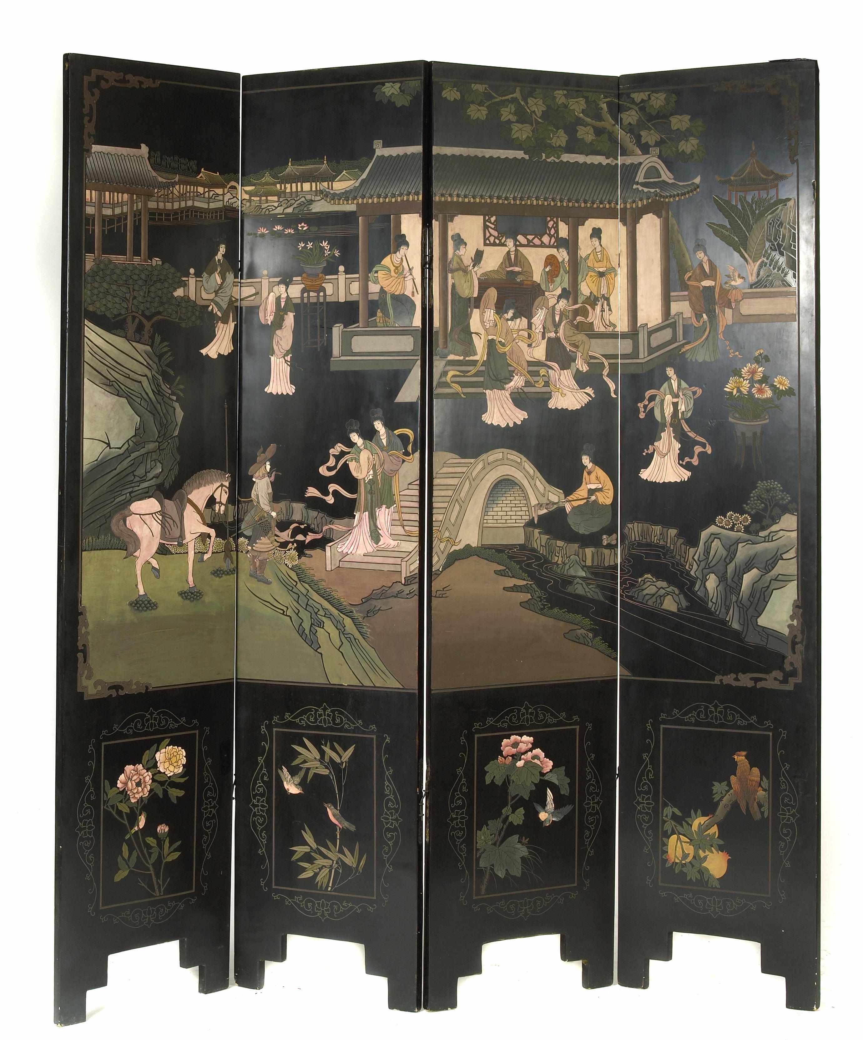 Appraisal: A Chinese four panel coromandel screen with female figures in