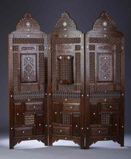 Appraisal: SYRIAN MASHRABIYYA THREE-FOLD SCREEN - Each panel in x in