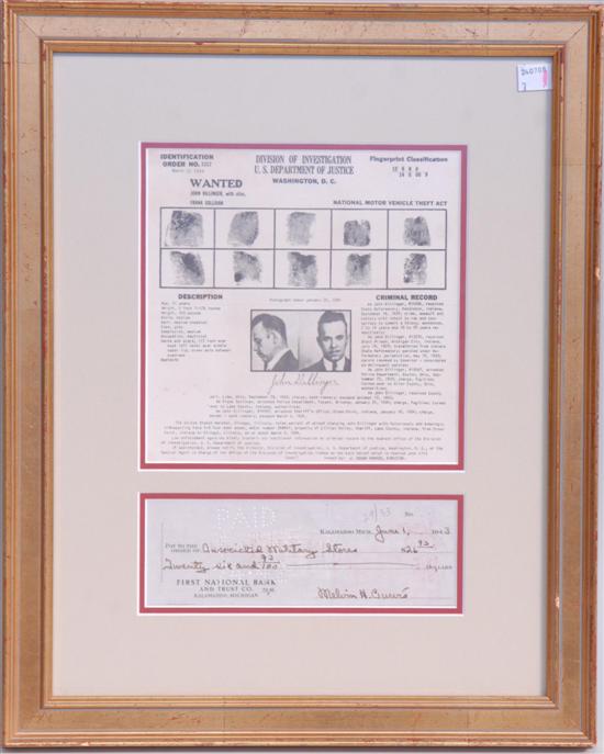 Appraisal: PURVIS MELVIN C Cancelled check framed along with John Dillinger