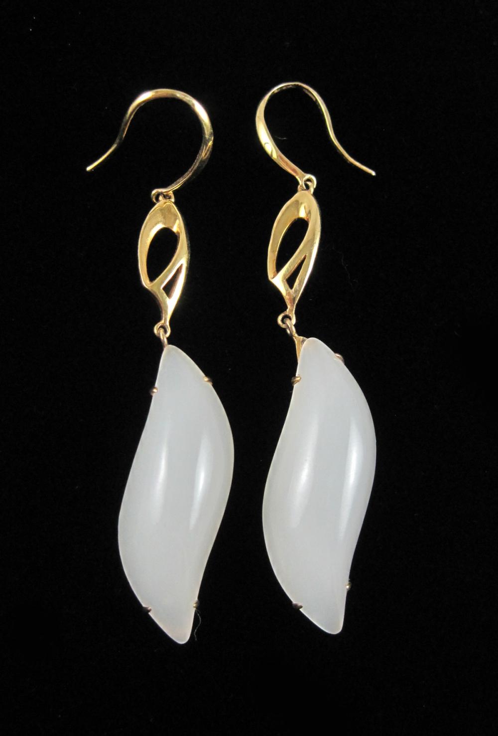 Appraisal: PAIR OF ICY JADE AND EIGHTEEN KARAT GOLD EARRINGS each