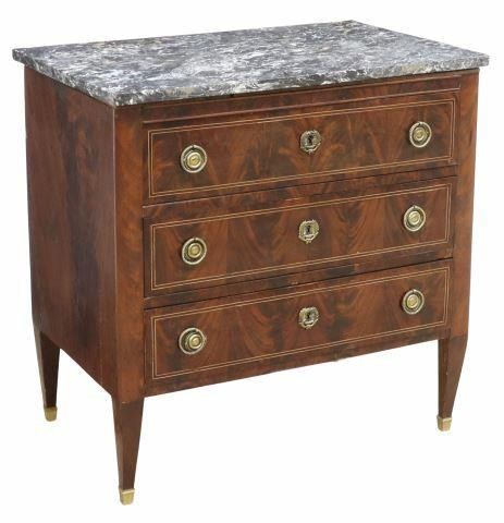 Appraisal: Petite French Louis XVI style marble-top mahogany commode th c