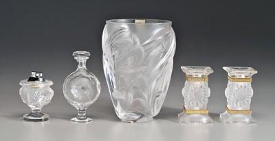 Appraisal: Five pieces modern Lalique glass vase with iridescent birds -