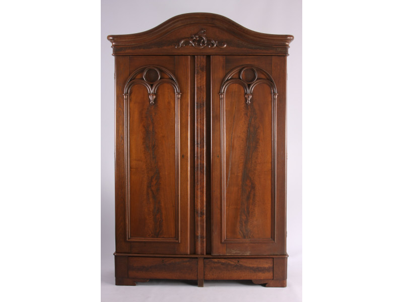 Appraisal: Transitional Gothic Armoire American ca walnut and figured walnut veneers