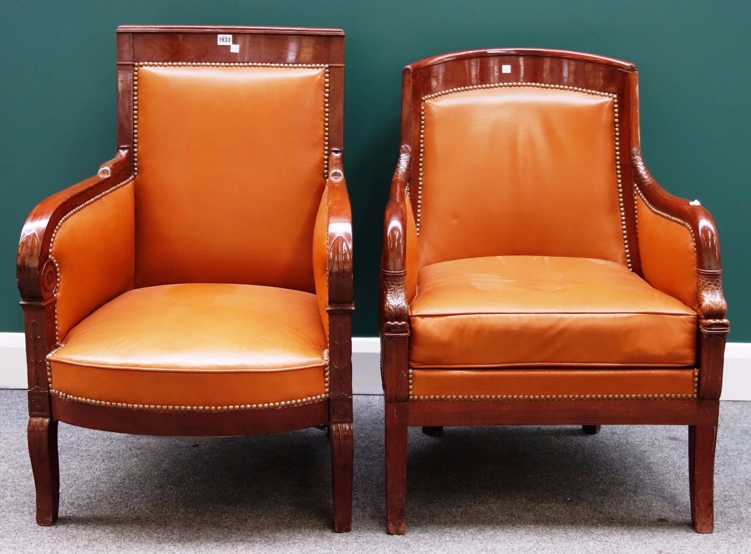 Appraisal: An early th century French mahogany framed fauteuils the downswept