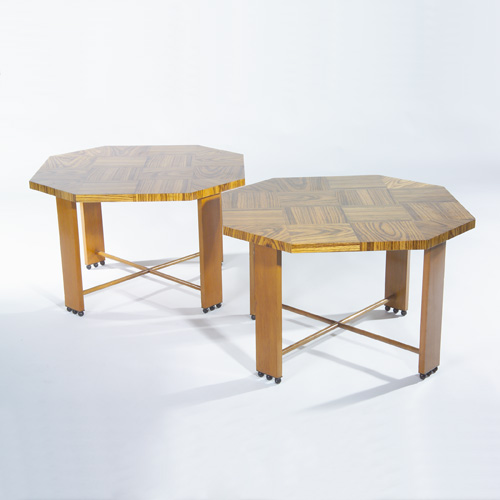 Appraisal: EUROPEAN ART DECO Pair of occasional tables with exotic wood