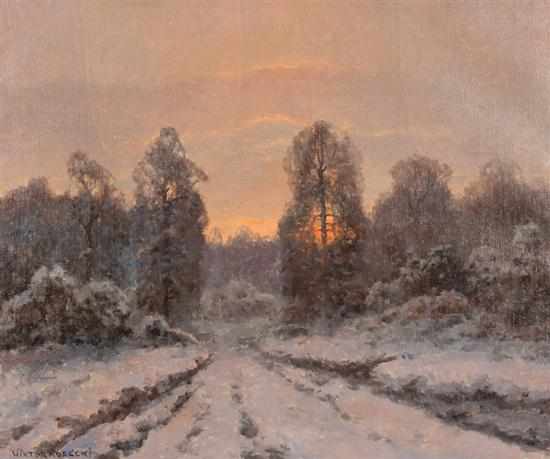 Appraisal: Wiktor Korecki Polish - Snowy Landscape at Sunset oil on