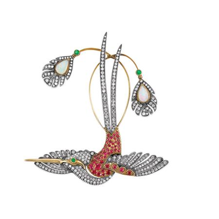 Appraisal: Silver Gold Diamond Ruby Opal and Cabochon Emerald Stork Brooch